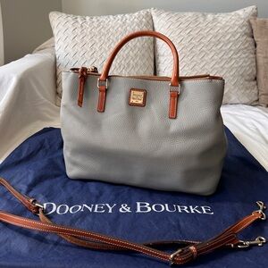 Dooney & Bourke Willa Satchel Gray Pebbled Leather Brown Tan Trim Dust Bag NWOT